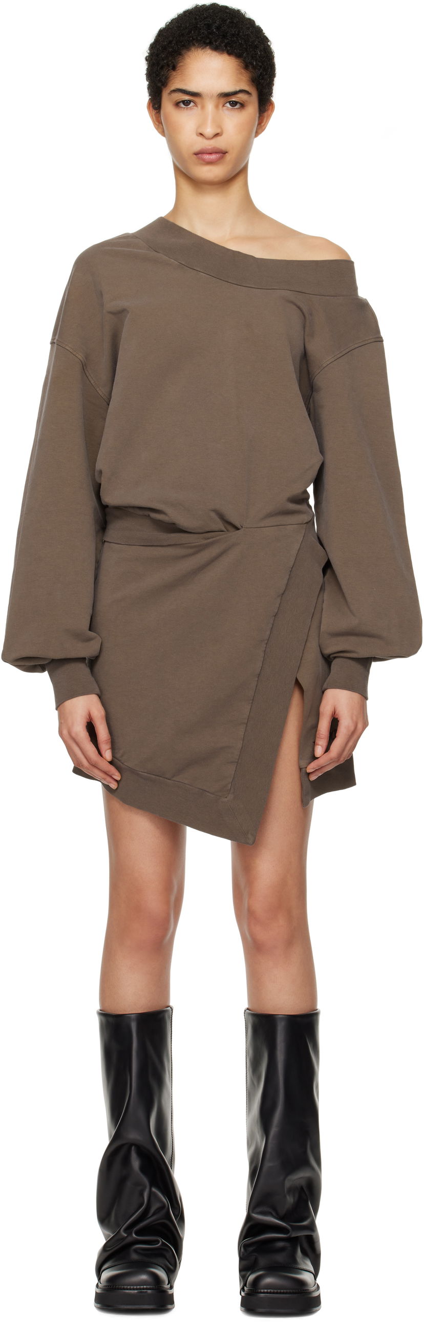 плаття The Attico Attico Off-Shoulder Draped Sweater Mini Dress Коричневий | 250WCA00397 JJF006AA