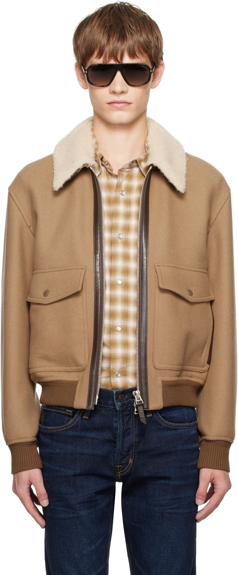 Куртка бомбер Tom Ford TOM FORD Double Splittable Shearling Collar Bomber Jacket Коричневий | OBH002-FMW058