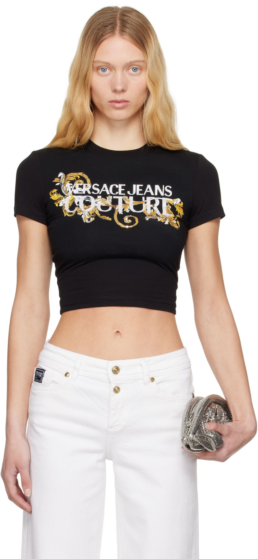 Кроп-топи Versace Versace Jeans Couture Crystal Outline Barocco Cropped T-Shirt чорний | E78HAHC05_ECJ02C