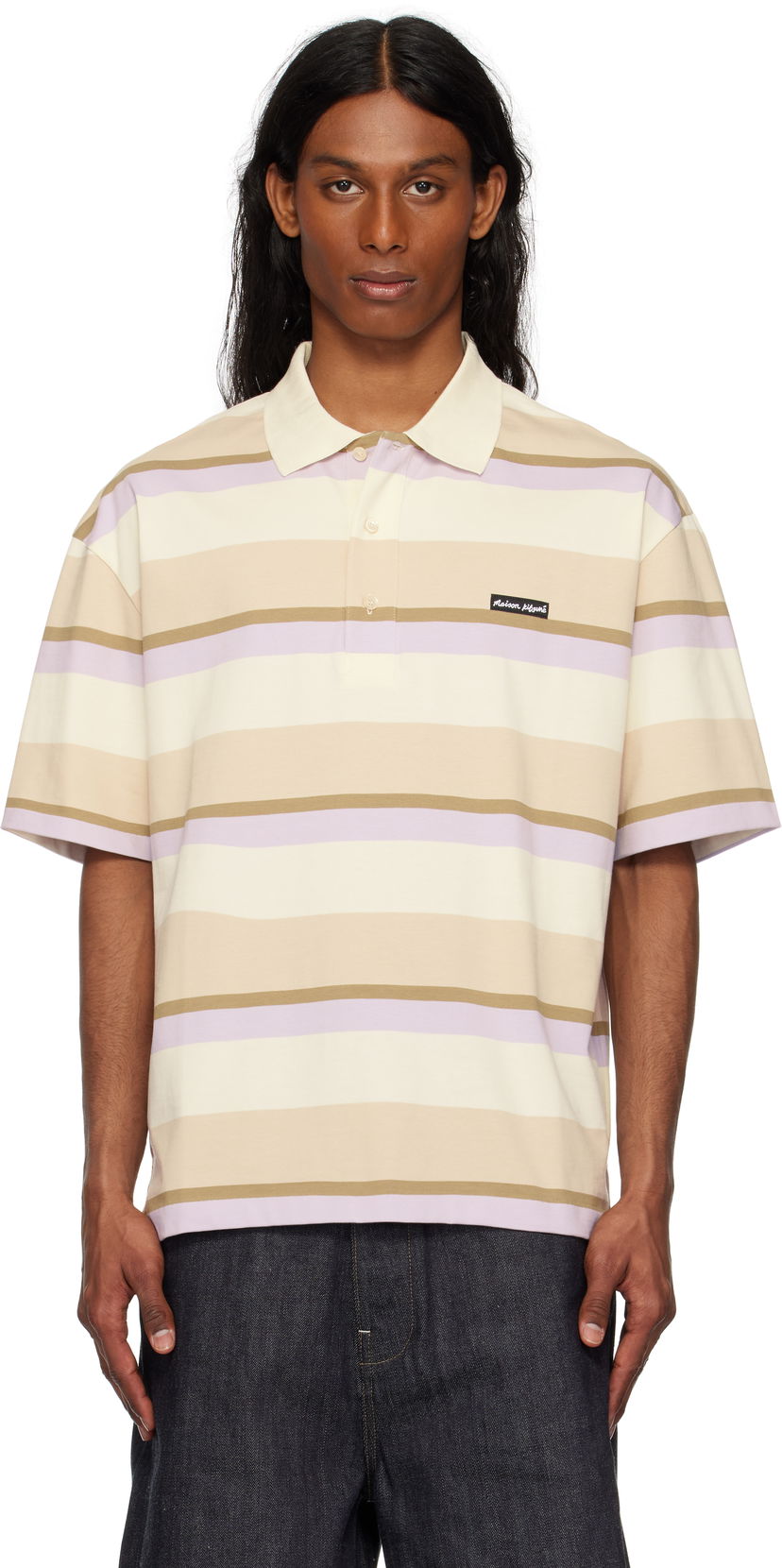 Сорочка поло MAISON KITSUNÉ Maison Kitsuné Striped Oversize Polo бежевий | OM00206KJ7019