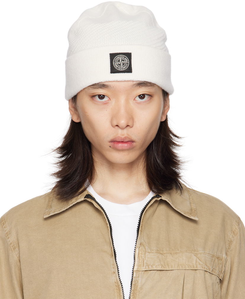 Шапка Stone Island Off-White Knitted Badge Beanie білий | 8115N07B5