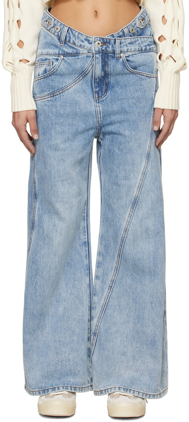 Джинси Feng Chen Wang Feng Chen Wang Cross Waistband Wide Leg Jeans Синій | FUS17TR02B