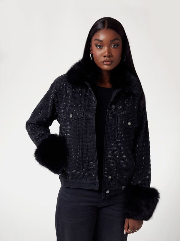 Куртка GUESS Faux Fur Trim Rhinestone Denim Jacket чорний | W4BN48D5HM1