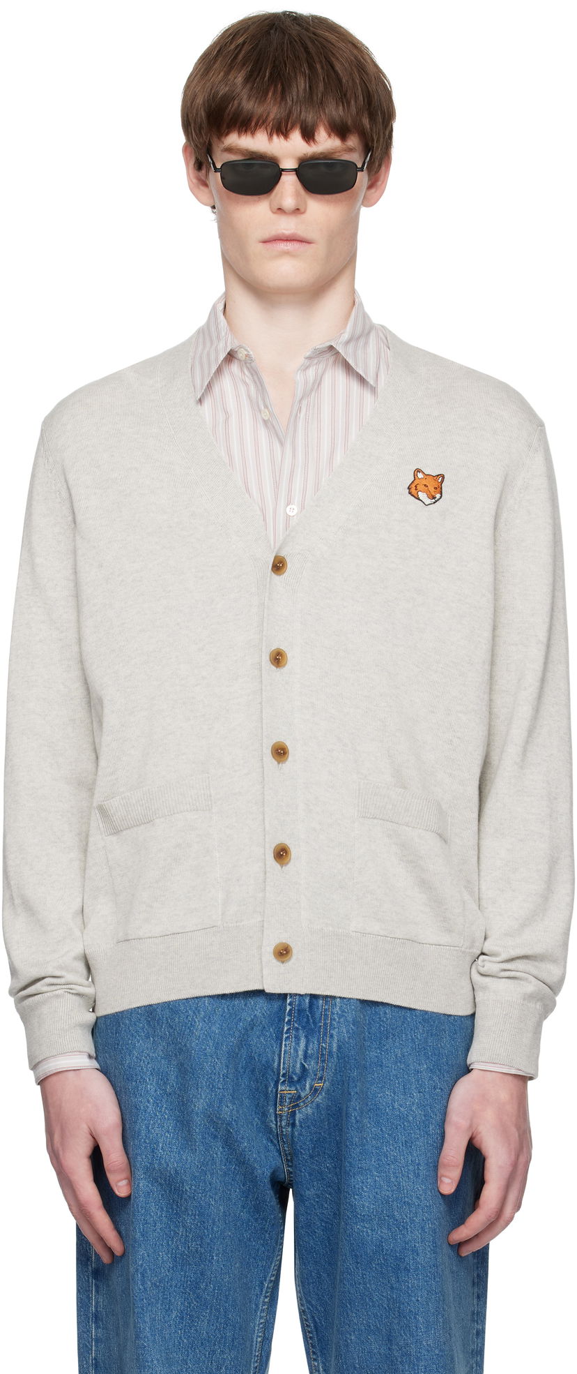 Cветр MAISON KITSUNÉ Maison Kitsuné Fox Head Patch Cardigan Сірий | PM00501KT1181