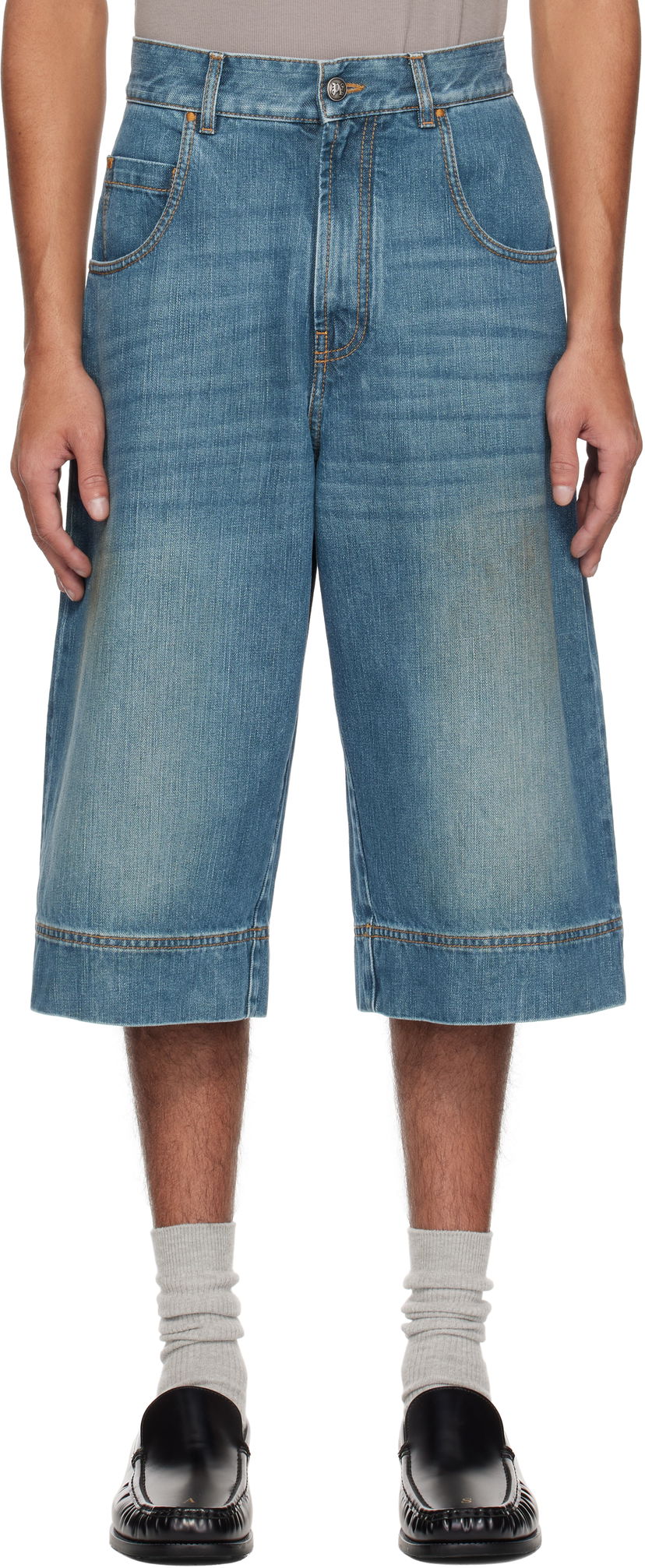 Шорти Palm Angels Palm Angels Curved Logo Denim Shorts Синій | PMYC007S25DEN0014555