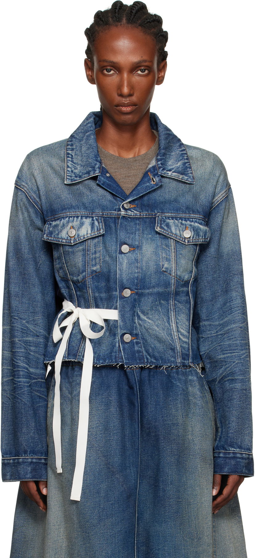 Куртка Maison Margiela MM6 Maison Margiela Cropped Denim Jacket with Tie Синій | S52AM0340 M30017