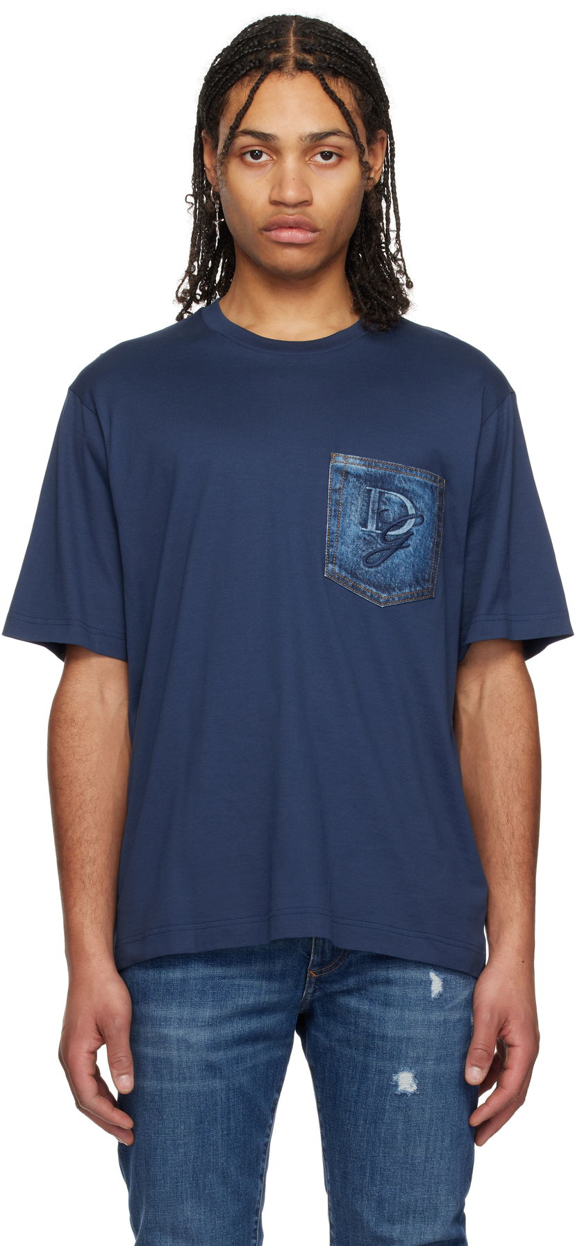 Футболка Dolce & Gabbana Dolce&Gabbana Cotton T-Shirt with Denim Pocket and Logo Embroidery Синій | G8PN9ZG7O4J