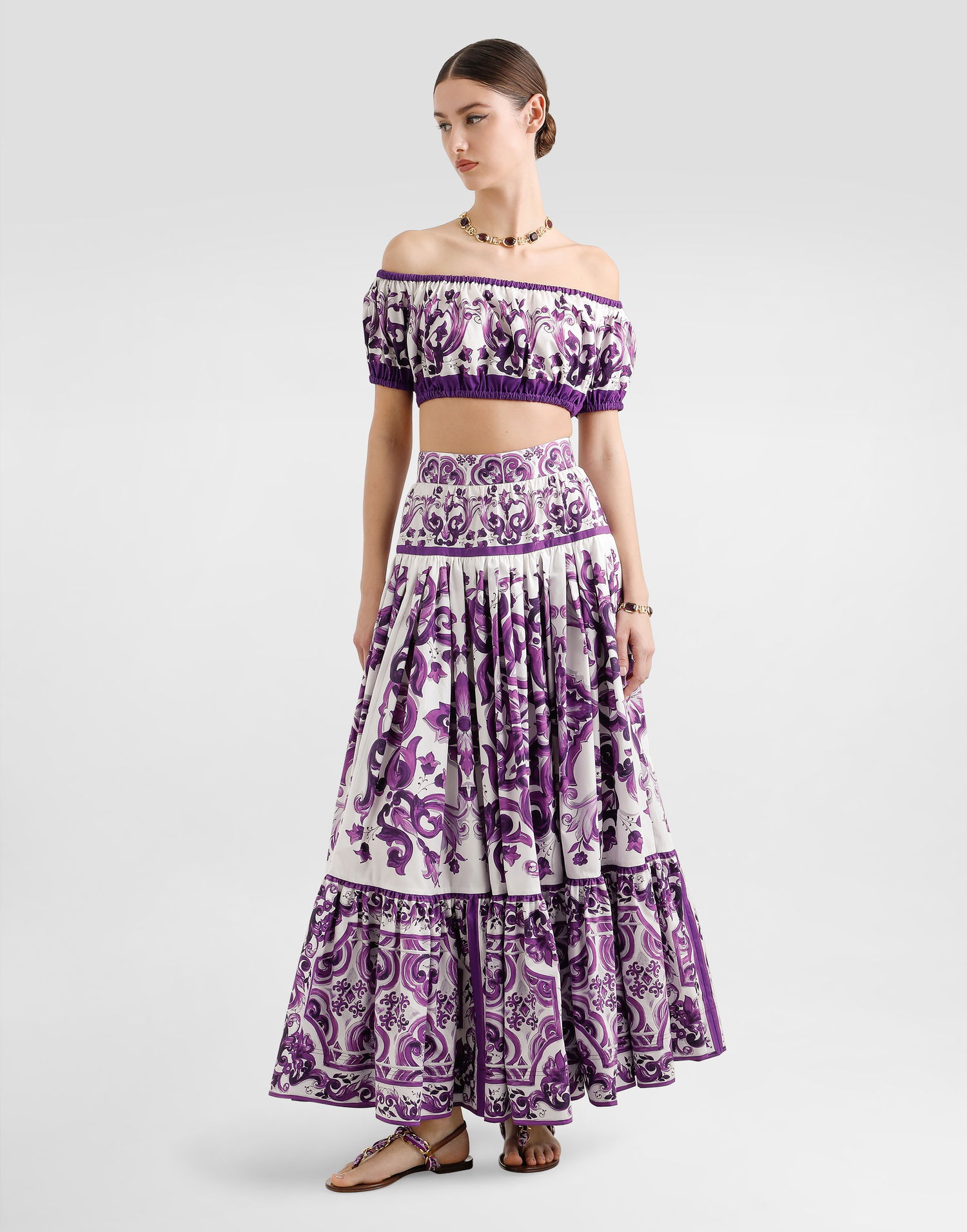 Спідниця Dolce & Gabbana Dolce & Gabbana Majolica Print Long Tiered Skirt Фіолетовий | F4CX0THH5EWIP3TN, 1