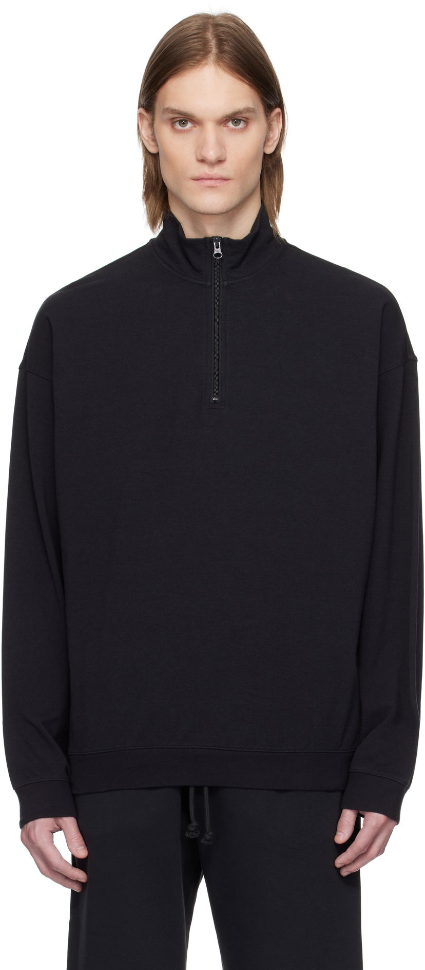 Cветр SKIMS SKIMS Jersey Relaxed Quarter Zip Sweatshirt чорний | PL-ZUP-6901M-OBSIDIAN
