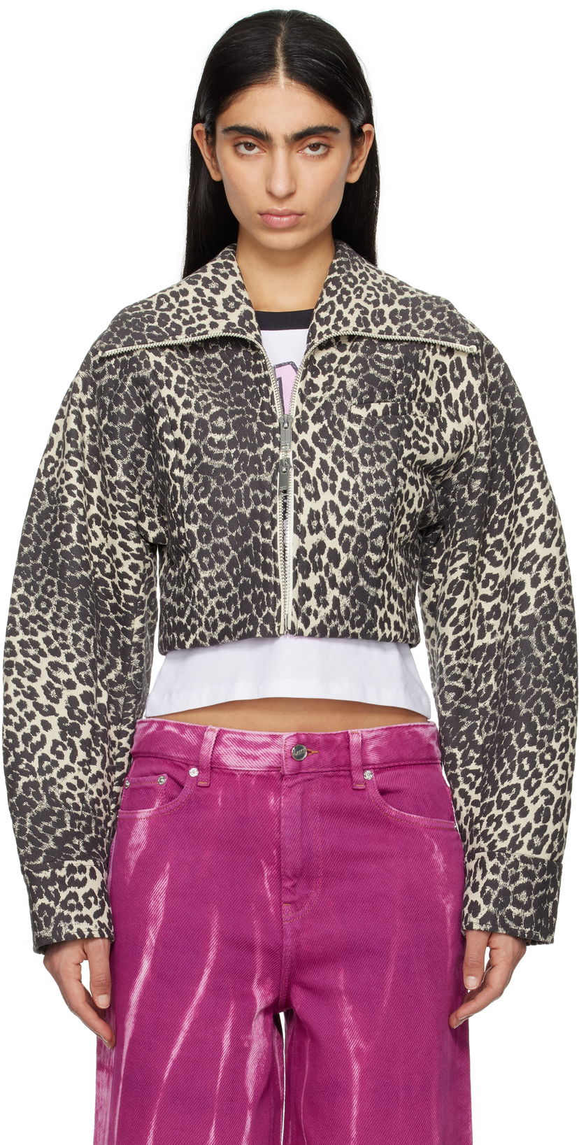 Куртка бомбер GANNI Ganni Leopard Print Curve Sleeve Cropped Jacket бежевий | W0235