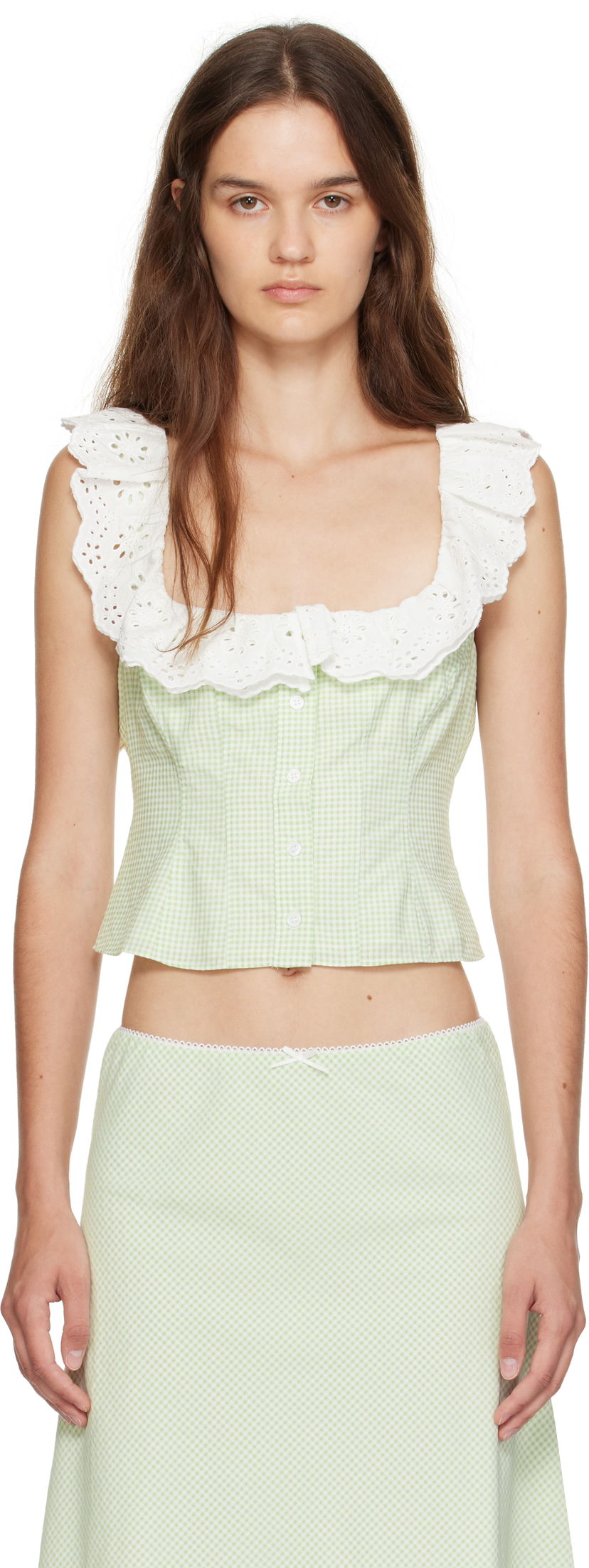 Кроп-топи GUIZIO Guizio Paloma Gingham Lace Top Зелений | P25155W152
