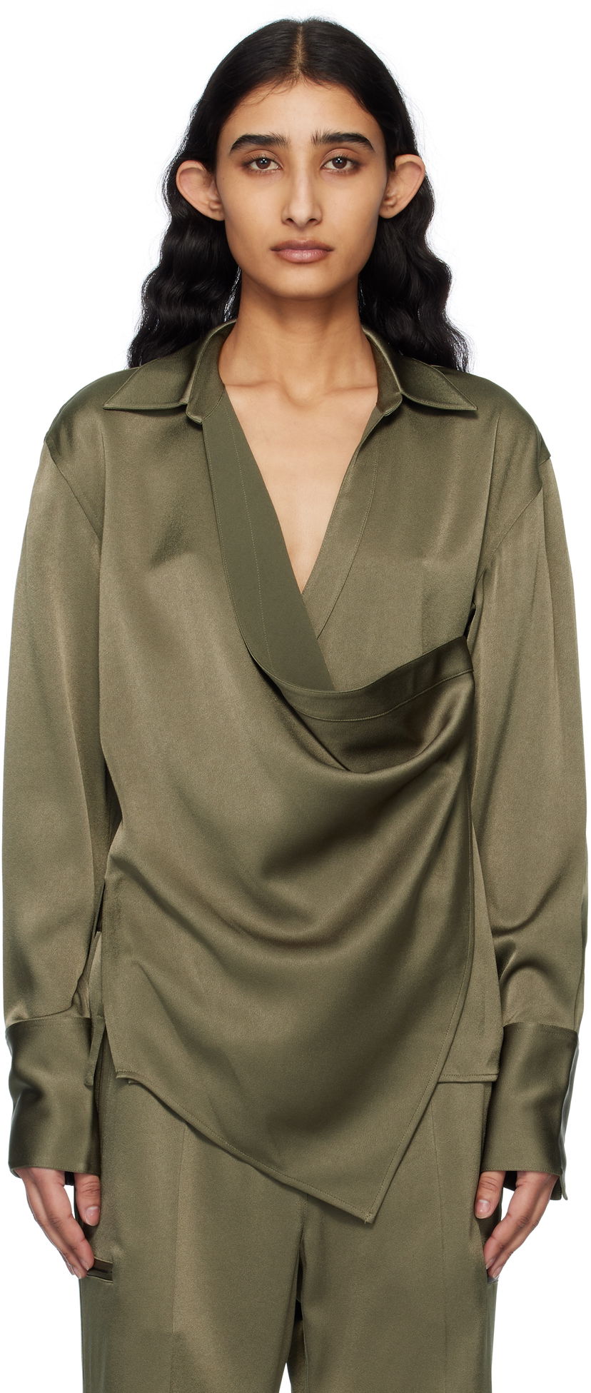 Сорочка Helmut Lang Helmut Lang Relaxed Wrap Satin Blouse Зелений | O09HW501