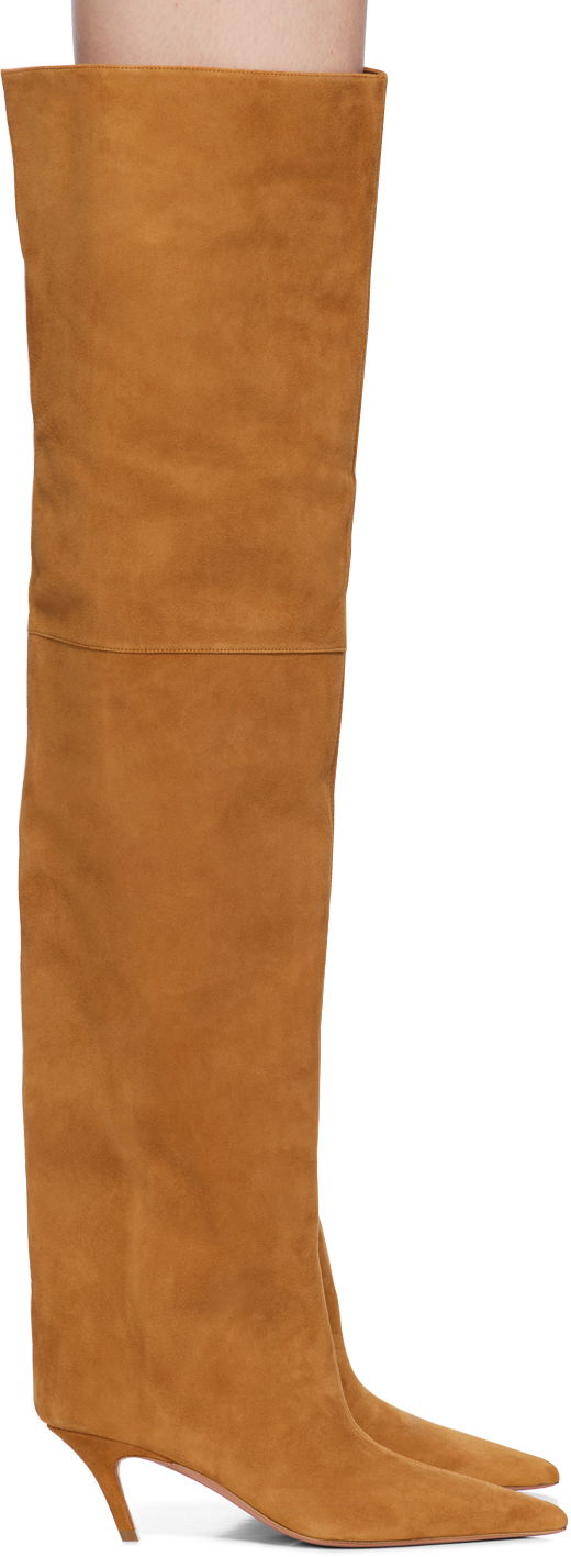 плаття Amina Muaddi Amina Muaddi Fiona Thigh-High Suede Boots Коричневий | FIONA THIGH BENDED HEEL SUEDE