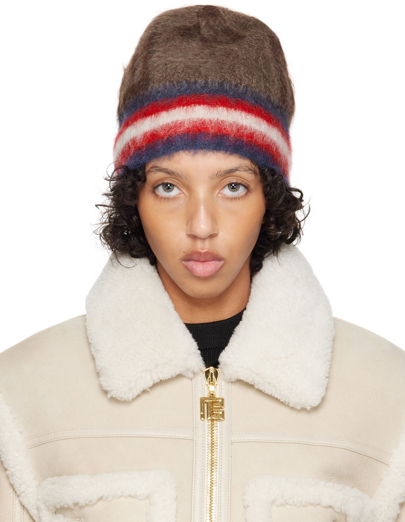 Шапка Balmain Brushed Beanie with Striped Pattern Коричневий | BF2XC035KF36