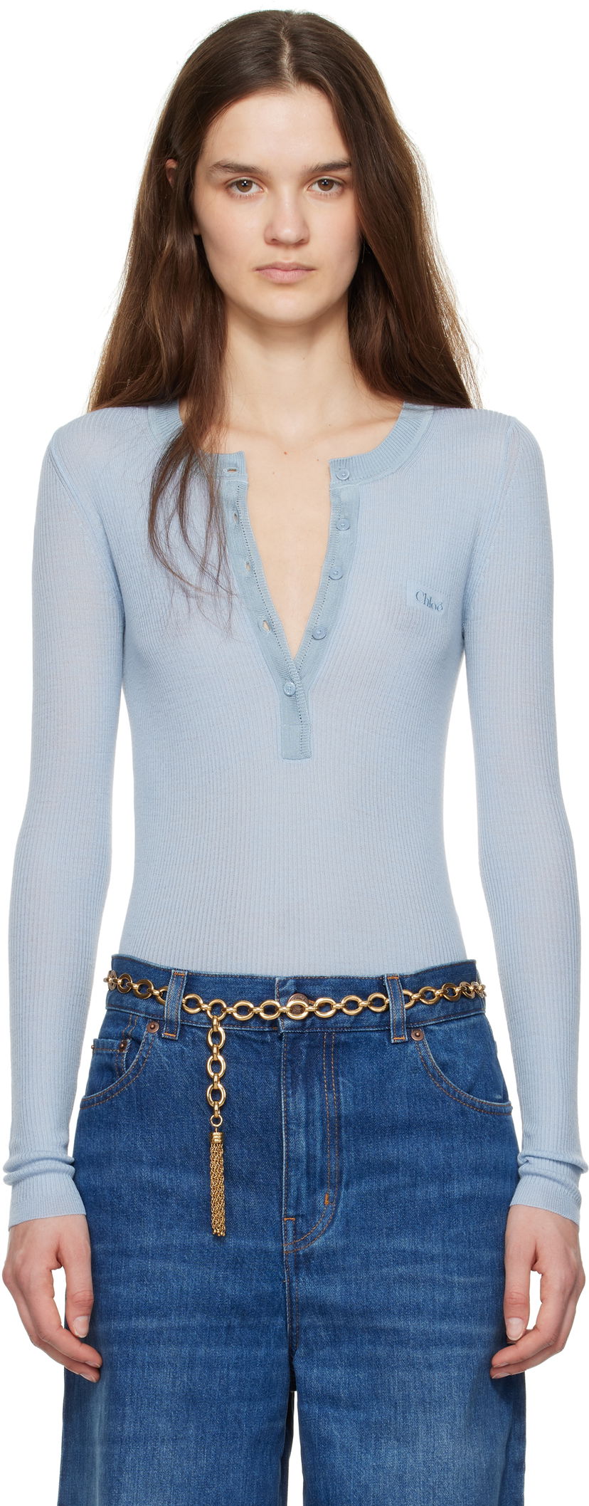 Боді CHLOÉ Chloe Long Sleeve Henley Top Синій | CH24WMP51667
