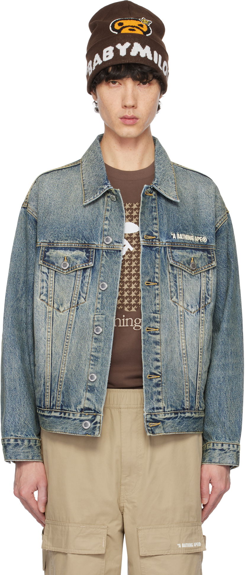 Шапка BAPE Distressed Denim Trucker Jacket Коричневий | 001LJK801308M