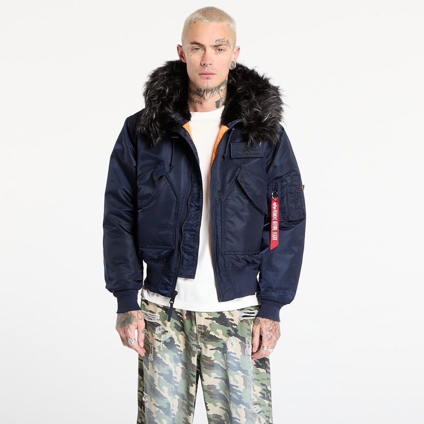 Куртка бомбер Alpha Industries Hooded Custom Ultra Bomber Jacket with Faux Fur Trim and Orange Lining темно-синій | 113145-697