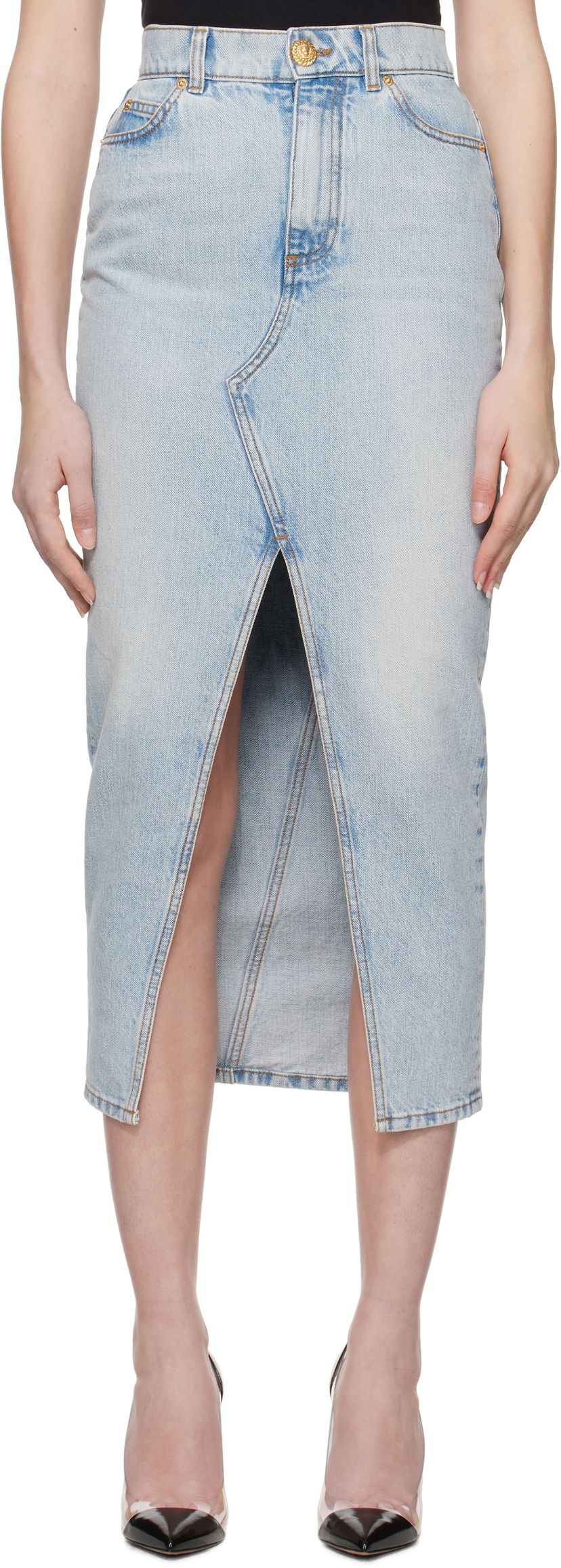 Спідниця Balmain Balmain Denim Midi Skirt with Slit Синій | EF1LD460DF23