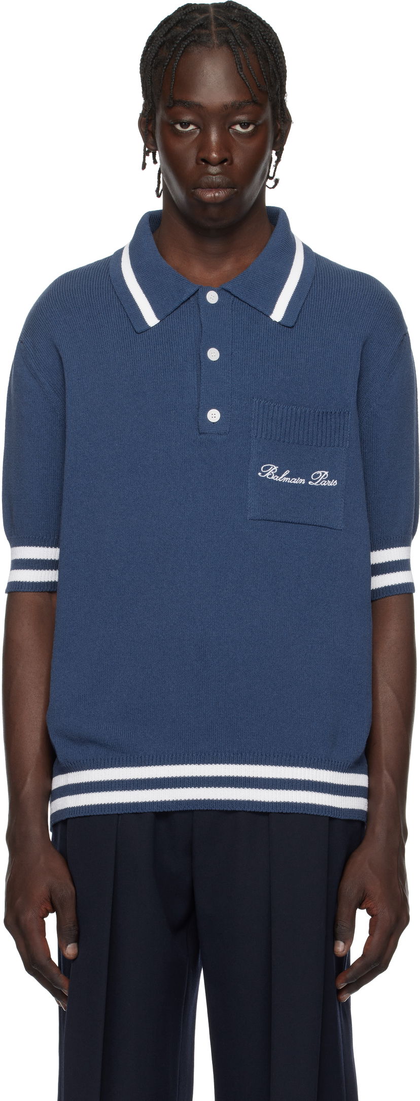 Сорочка поло Balmain Cotton-Blend Knit Polo Shirt Синій | EH1GB046KF96