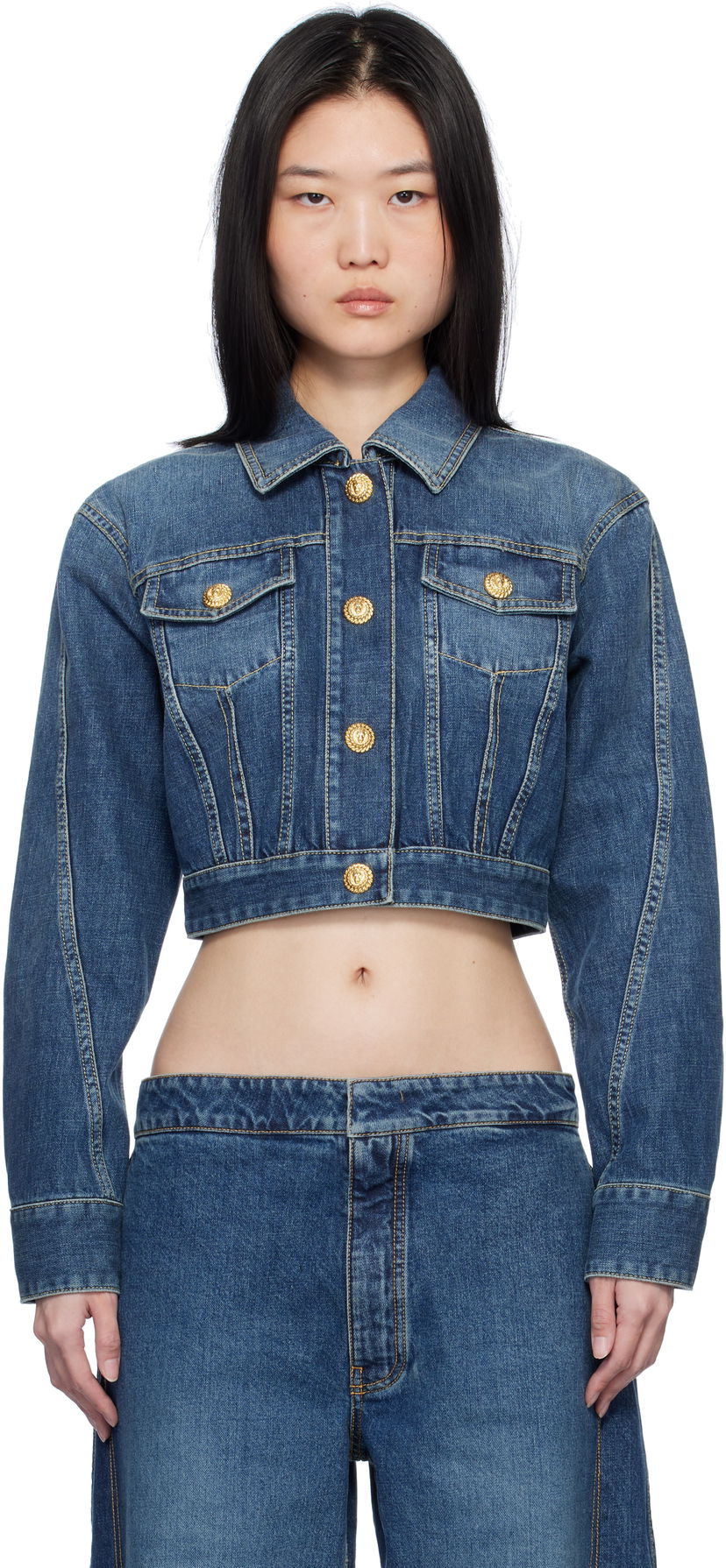Куртка Balmain Cropped Faded Denim Jacket Синій | EF1TC180DF65