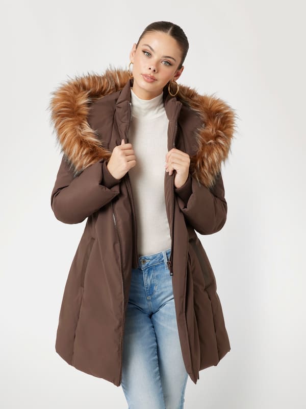 Парка GUESS Faux Fur Hood Puffer Jacket Коричневий | W4BL59WG7X2