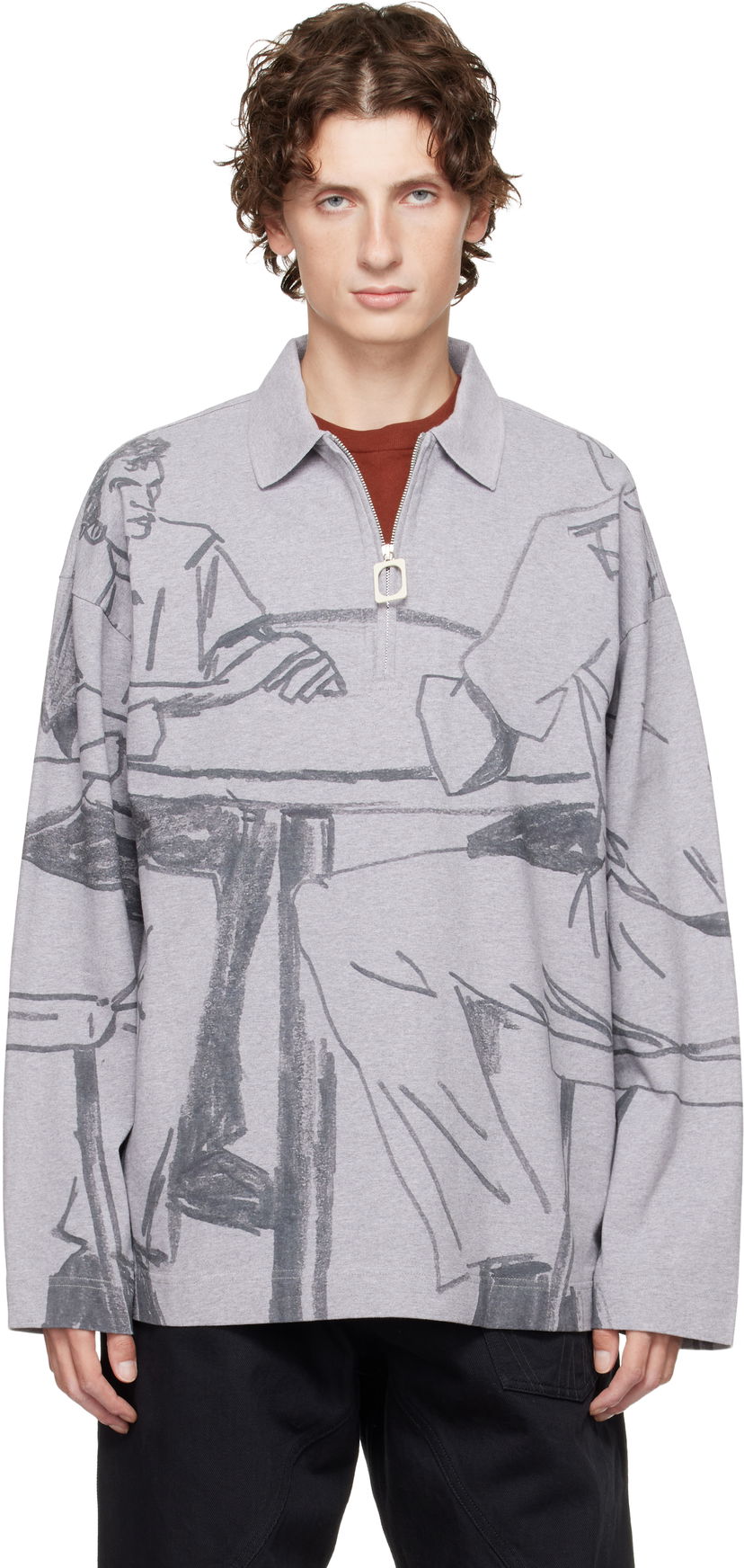 Сорочка поло JW Anderson JW Anderson Figure Print Long-Sleeve Quarter-Zip Polo Сірий | JO0274-PG1755