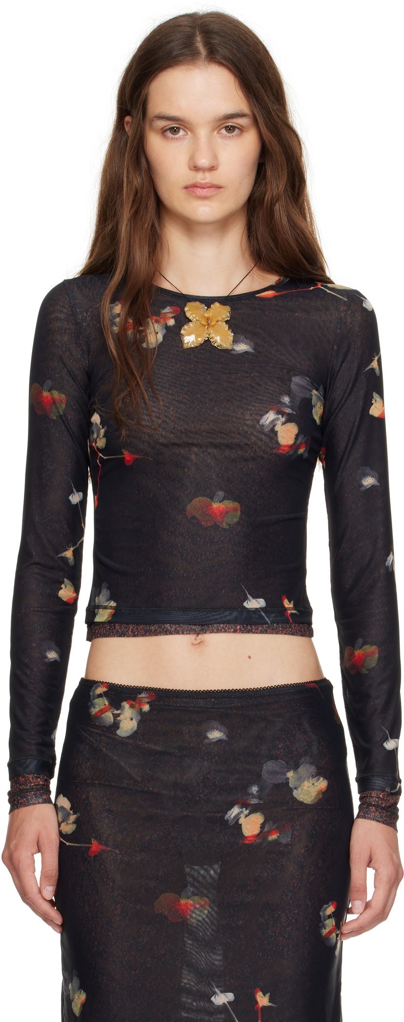 Футболка Eckhaus Latta Eckhaus Latta Duet Floral Print Semi-Sheer Top чорний | 1100-EL-PF25-BP -