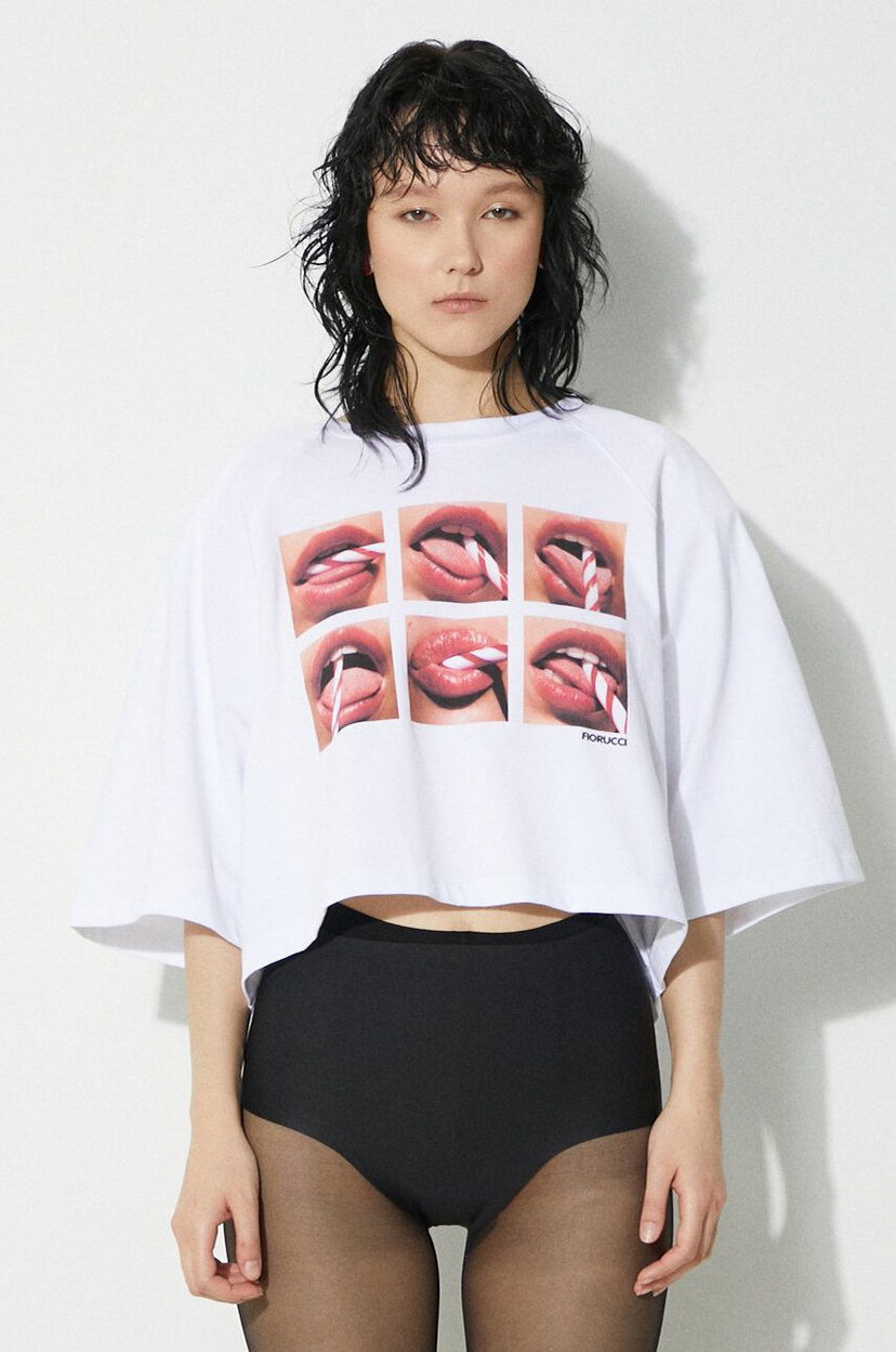 Кроп-топи Fiorucci Fiorucci Mouth Print Cropped T-Shirt білий | U01FPTSH106CJ01WH01
