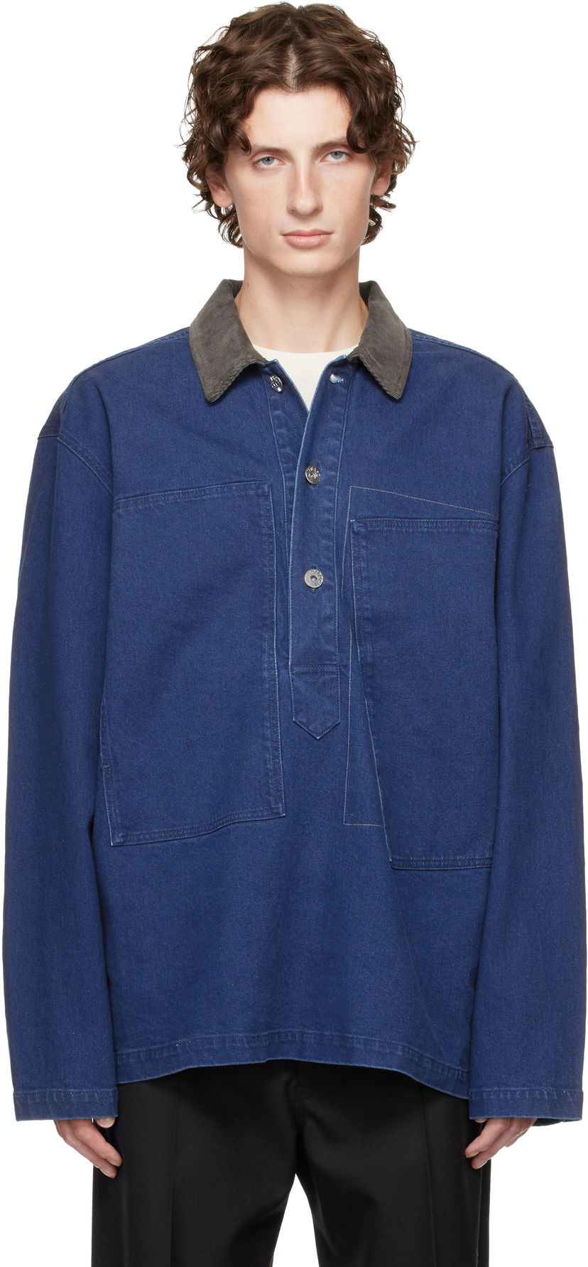Сорочка поло JW Anderson Denim Polo with Patch Pockets and Corduroy Collar Синій | DS0014-PG1835