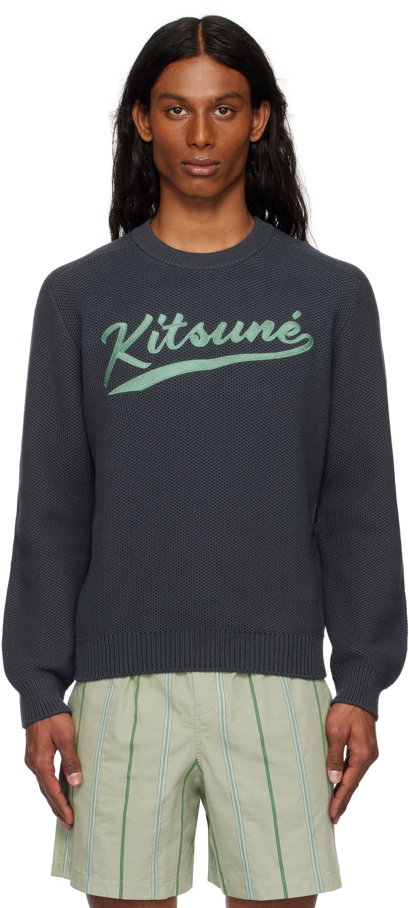 Cветр MAISON KITSUNÉ Kitsuné Varsity Embroidered Mesh Sweater Сірий | OM00808KT1137