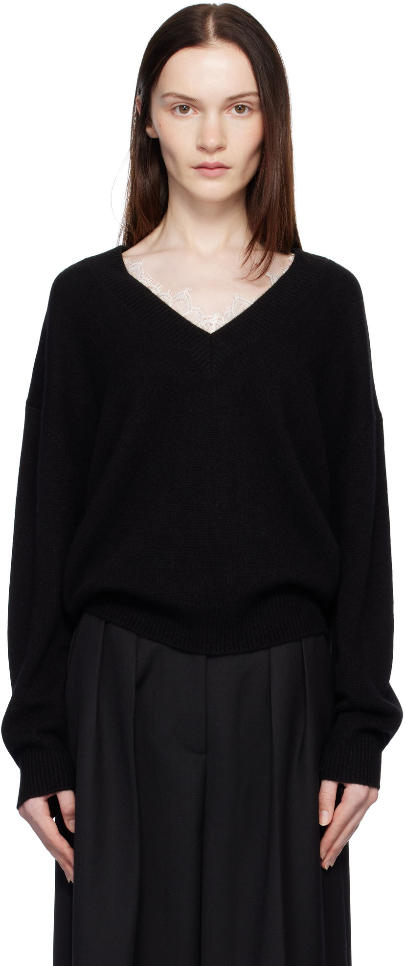 Cветр Anine Bing Lee Lace Trim V-Neck Sweater чорний | A-09-3280-000