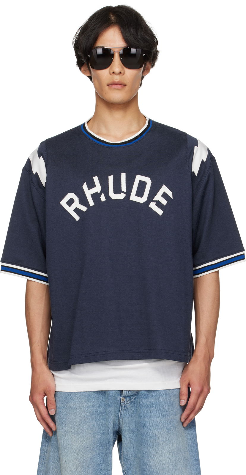 Футболка Rhude Rhude Logo Lightning Ringer T-Shirt темно-синій | RHPF25TT01729