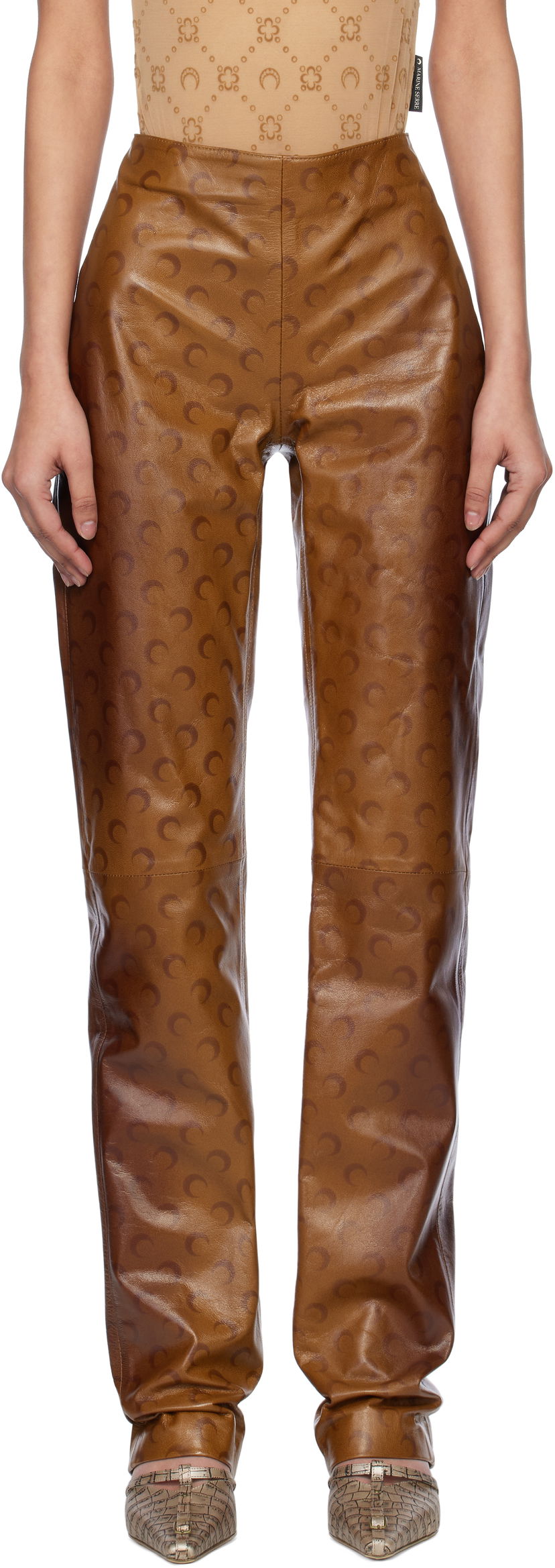 Штани Marine Serre Marine Serre Moon Airbrushed Leather Pants Коричневий | WPA153A CLEA0050