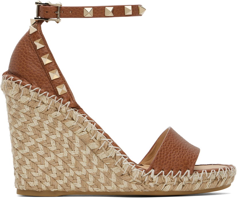 Догляд за взуттям Valentino Valentino Garavani Double Rockstud Grainy Calfskin Wedge Espadrilles Коричневий | 6W2S0090FEQ