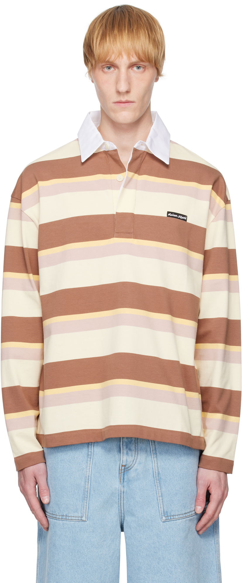 Сорочка поло MAISON KITSUNÉ Maison Kitsuné Striped Oversize Long Sleeve Polo Коричневий | OM00207KJ7019