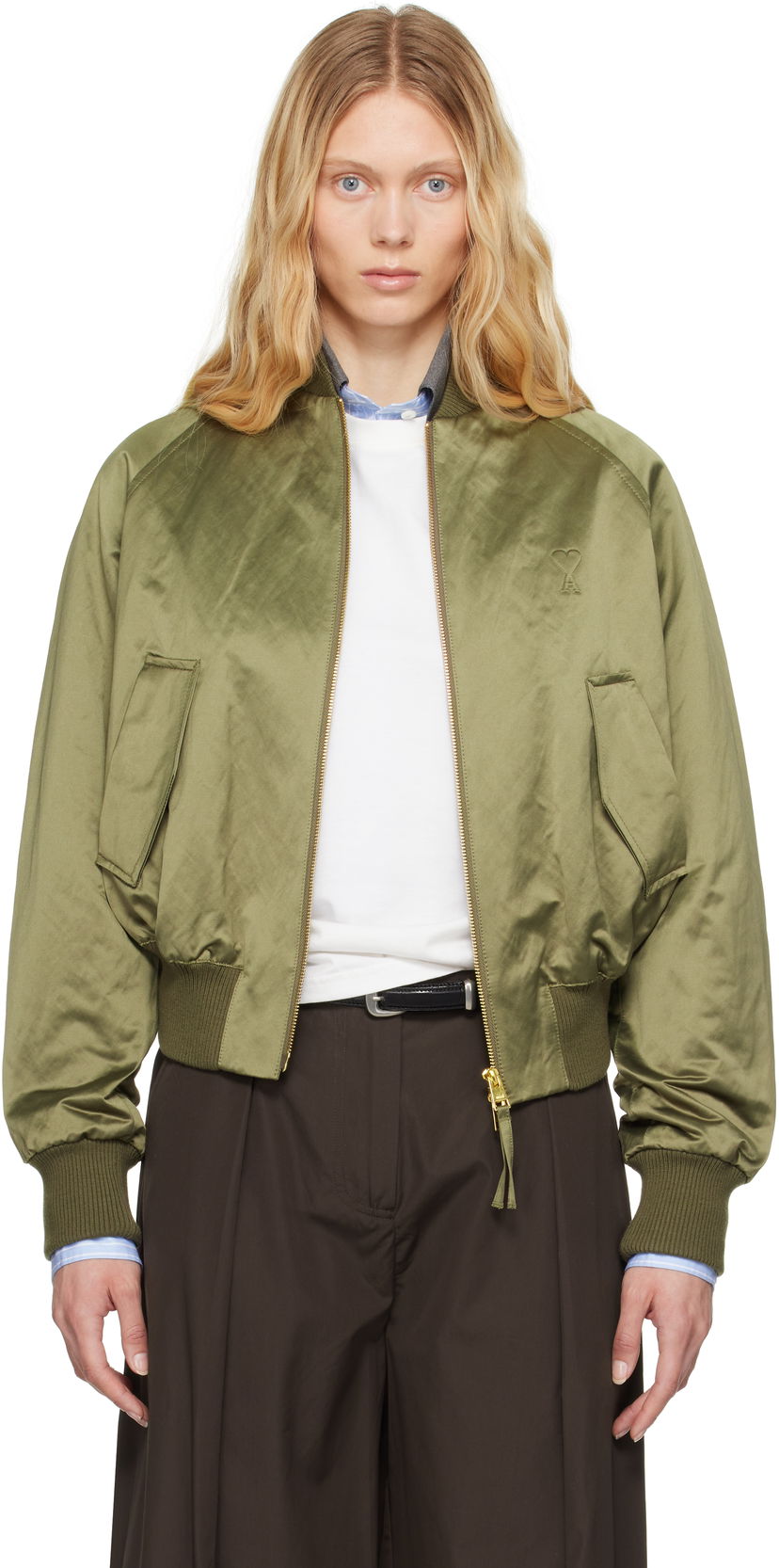 Куртка бомбер AMI AMI Paris Cotton Satin Ami de Coeur Bomber Jacket Зелений | FJK011.CO0100