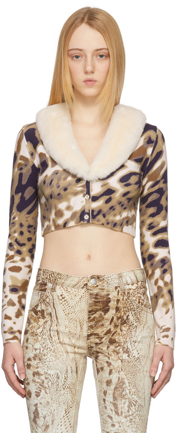 Cветр Blumarine Blumarine Print Cropped Cardigan with Faux Fur Collar Різнокольоровий | 2M147A