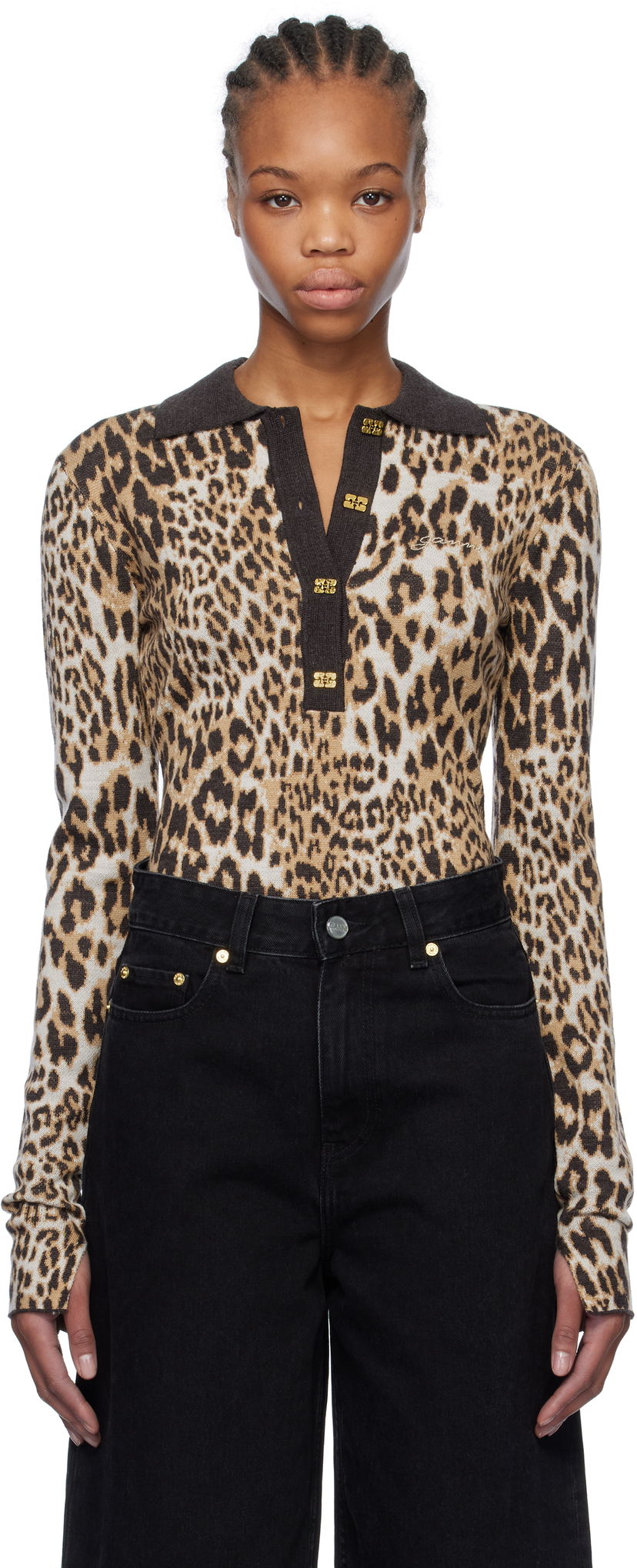 Сорочка поло GANNI GANNI Leopard Knit Polo Коричневий | K2341