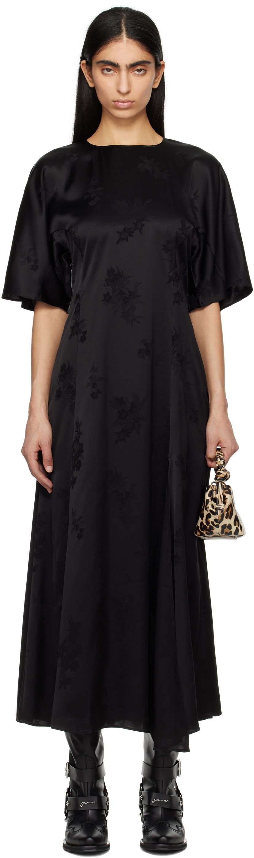 плаття GANNI GANNI Fluid Satin Jacquard Slit Maxi Dress чорний | W0255