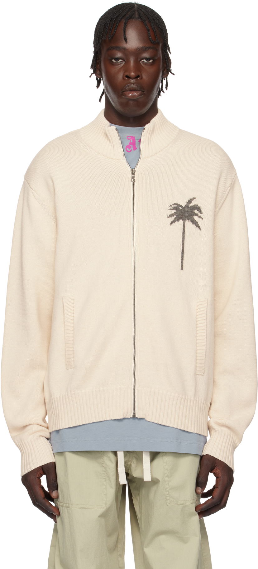 Куртка Palm Angels Knit Track Jacket With Palms Embroidery бежевий | PMHA061S25KNI0010308