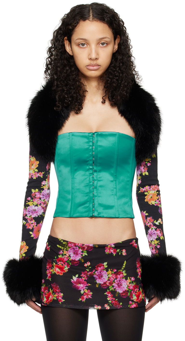 Безрукавка GUIZIO GUIZIO Floral Print and Faux Fur Cardigan Зелений | R24645