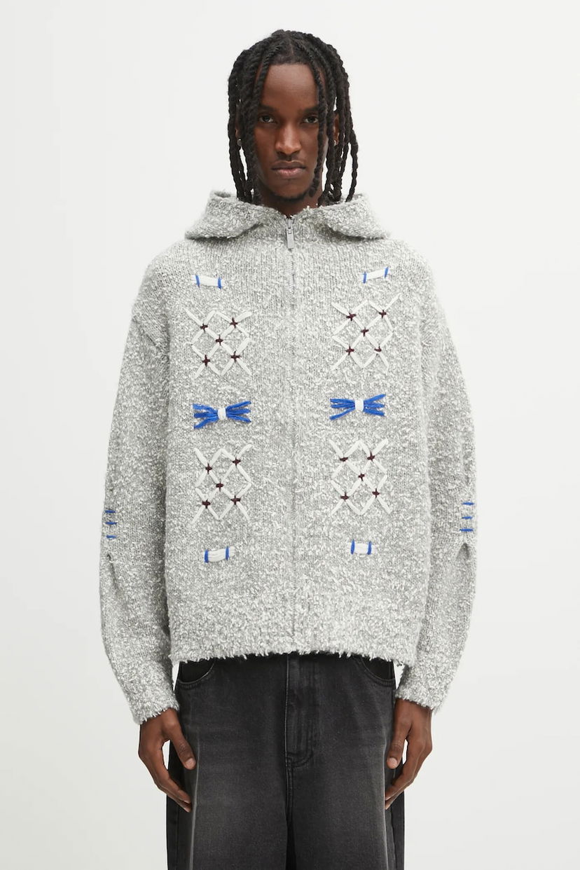 Cветр ADER ERROR KNIT Textured Full-Zip Cardigan with Embroidered Details Сірий | BO01FWKT0704GR