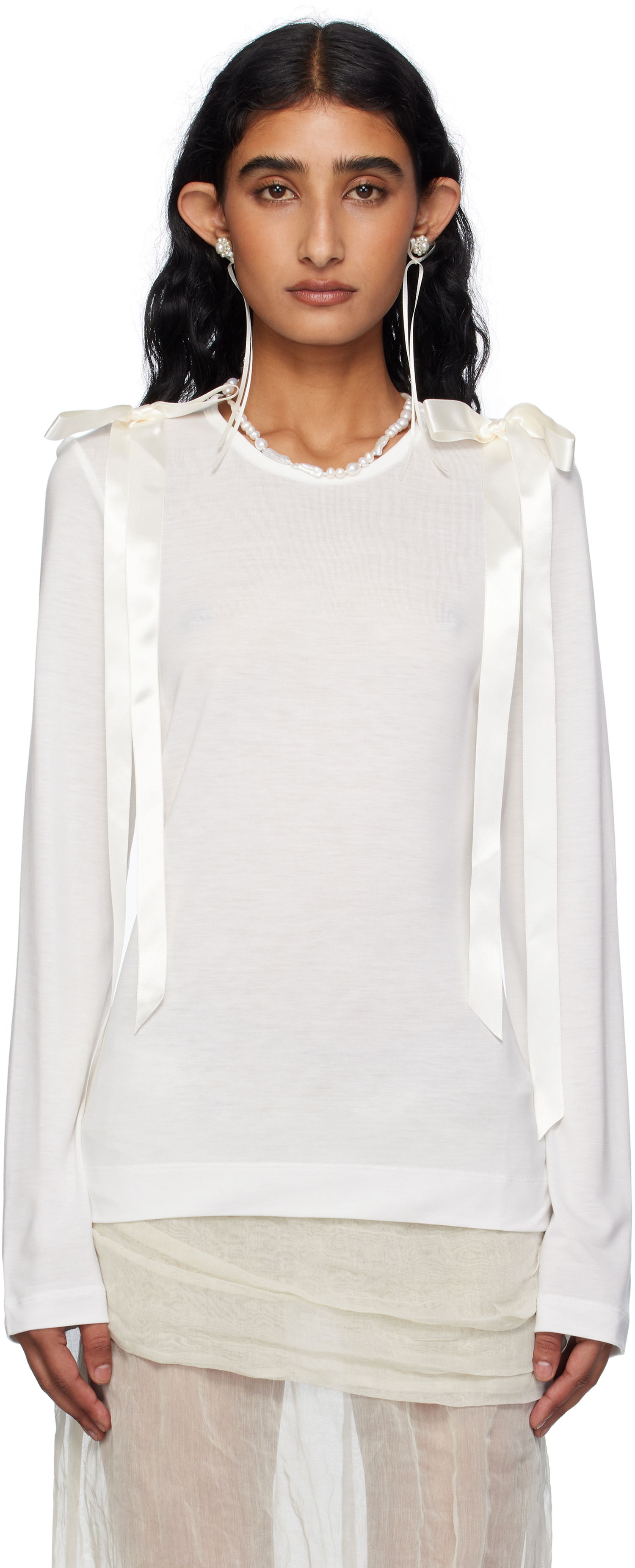 Футболка Simone Rocha Simone Rocha Bow Ribbon Tail Long Sleeve T-shirt білий | 5367 0571, 0