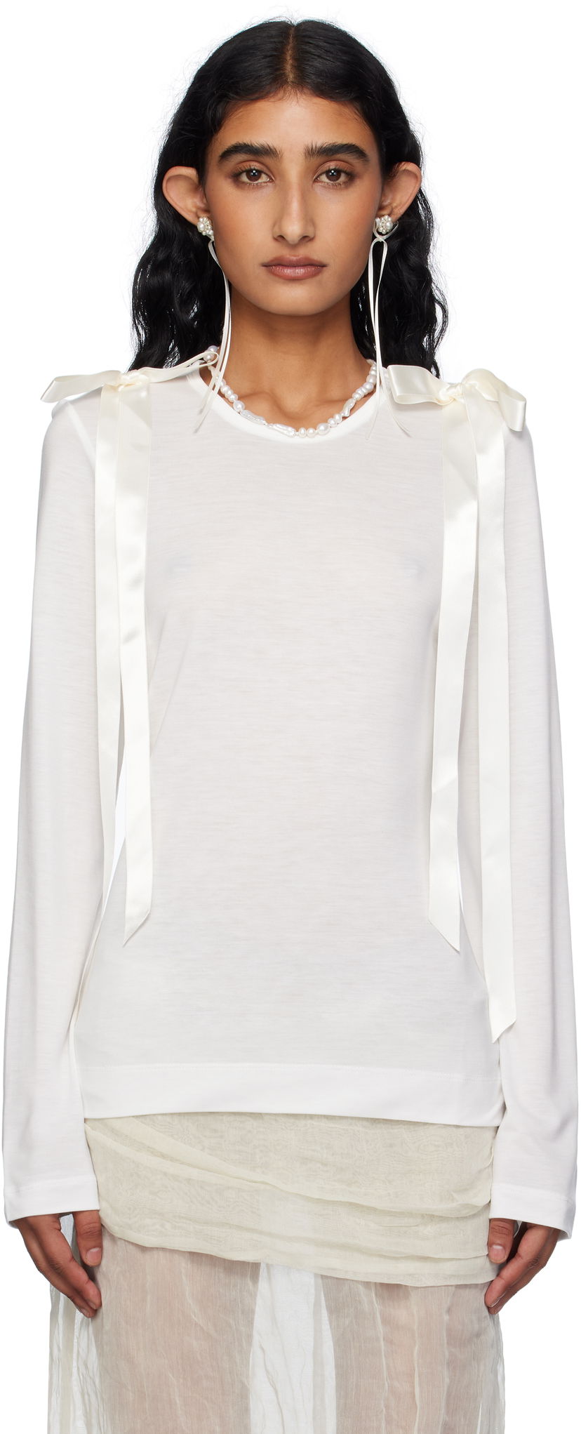 Футболка Simone Rocha Simone Rocha Bow Ribbon Tail Long Sleeve T-shirt білий | 5367 0571