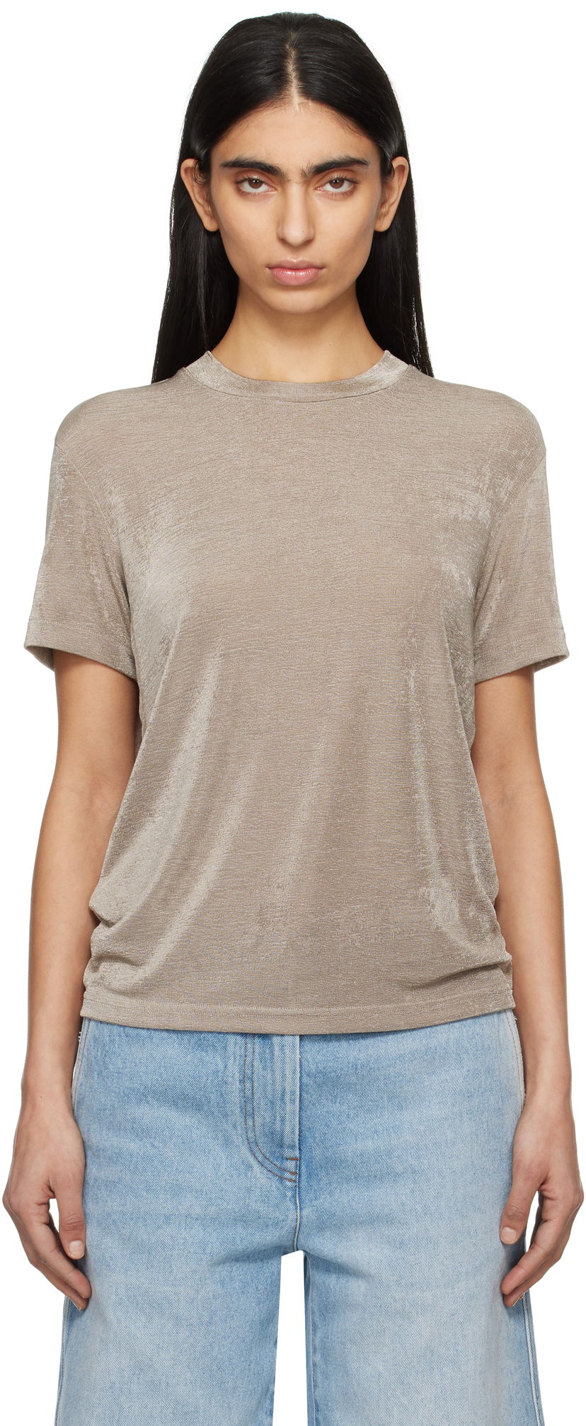 Футболка AMI AMI Paris Shiny Jersey Short Sleeve T-Shirt бежевий | FTS146.JE0110