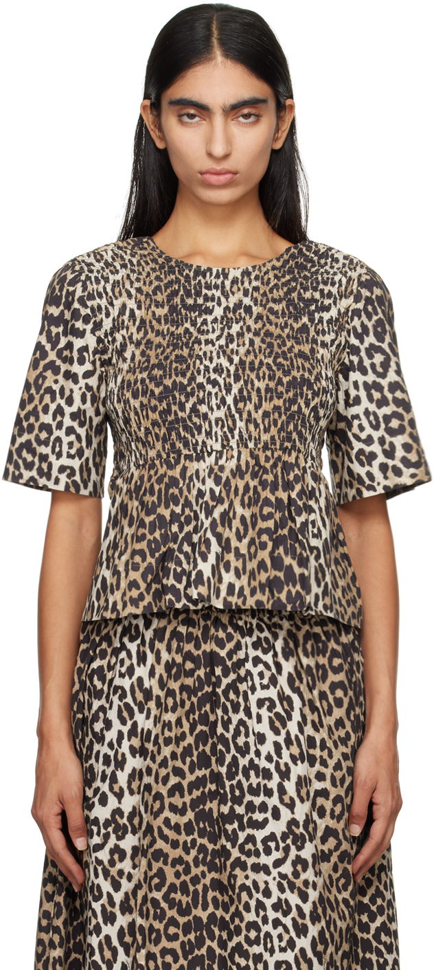 Футболка GANNI GANNI Smocked Leopard Print Blouse бежевий | W0205