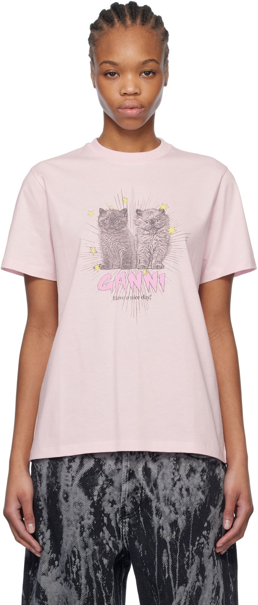 Футболка GANNI GANNI Relaxed Kitten Graphic T-Shirt Рожевий | T4164