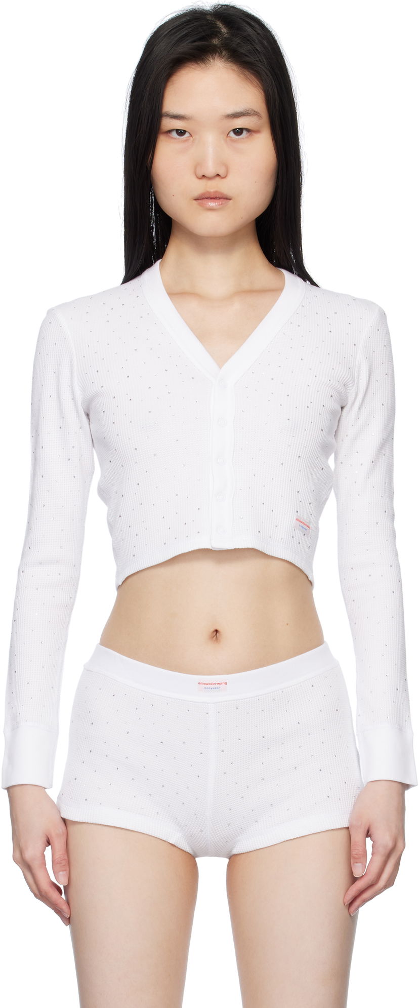 Cветр Alexander Wang White Crystal Hotfix Long-Sleeve Waffle Cardigan білий | 8C4245810T