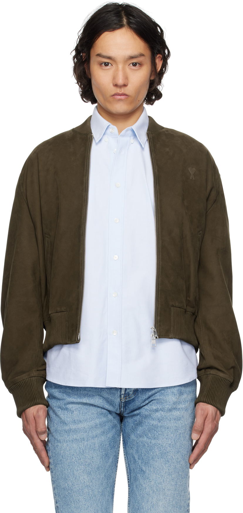Куртка бомбер AMI AMI Paris Zipped Suede Jacket Зелений | HJK152.LH0052