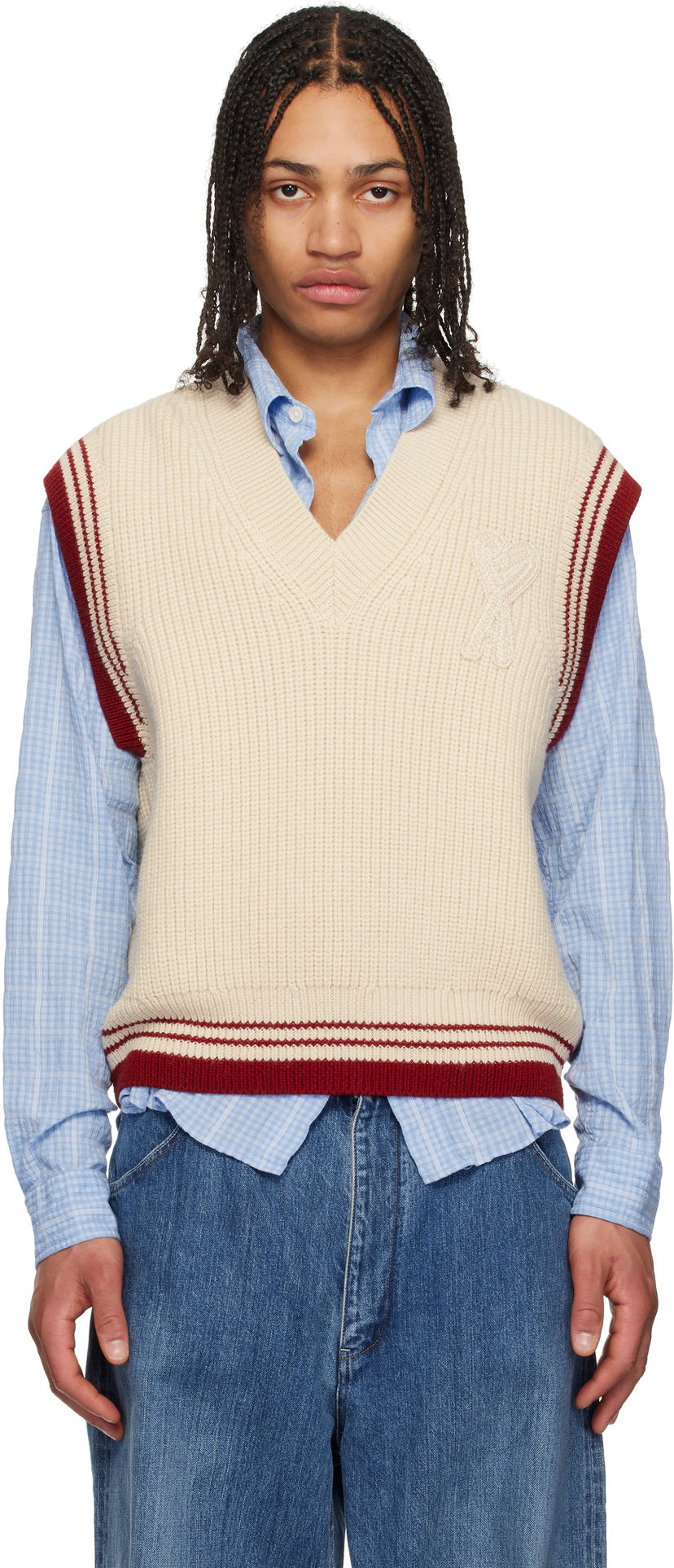 Cветр AMI AMI Paris Wool Ribbed V-Neck Vest бежевий | UKS768.KN0068